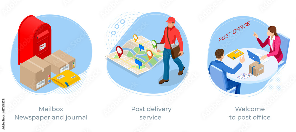 Isometric concept of Mailbox, Newspaper and journal, Post delivery service and Welcome to post office. Post service.
