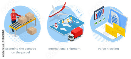 Isometric concept of Scanning the barcode on the parcel, International shipment and Parcel tracking. Post service.