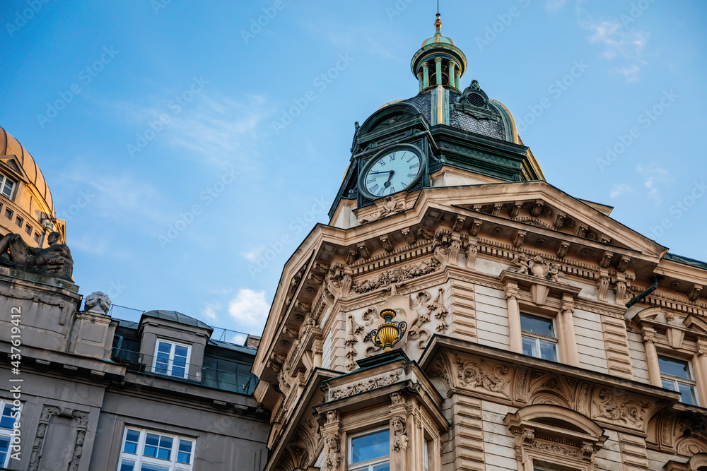 Neo-renaissance style Stybl's house at Wenceslas Square, green copper dome  with clock and small turret, CSOB bank building in sunny day, stone stucco,  blue sky, Prague, Czech Republic Stock Photo | Adobe