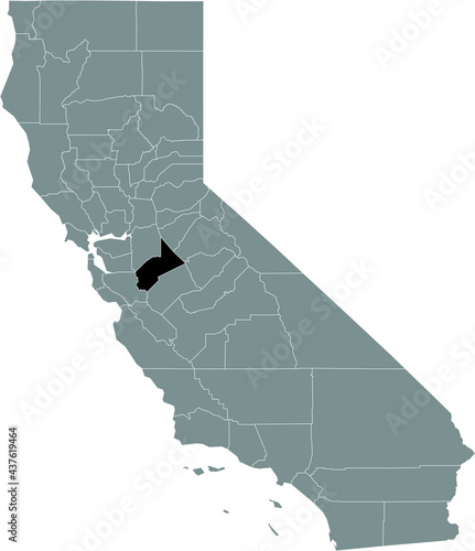 Black highlighted location map of the US Stanislaus county inside gray map of the Federal State of California, USA