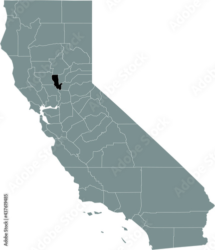 Black highlighted location map of the US Sutter county inside gray map of the Federal State of California, USA