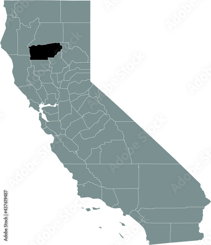 Black highlighted location map of the US Tehama county inside gray map of the Federal State of California, USA