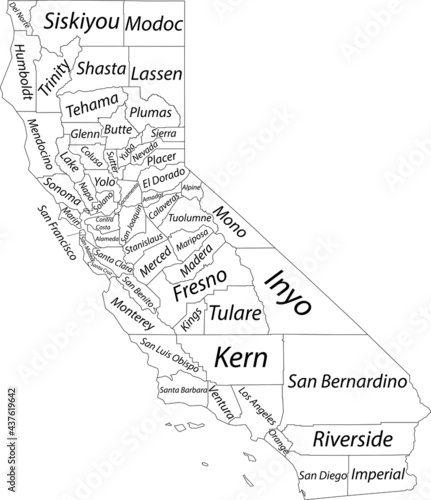 White vector map of the Federal State of California, USA with black borders and names of its counties