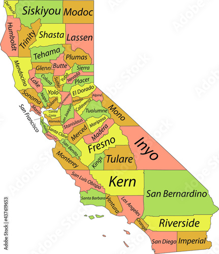 Pastel vector map of the Federal State of California, USA with black borders and names of its counties