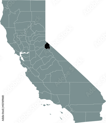 Black highlighted location map of the US Alpine county inside gray map of the Federal State of California, USA