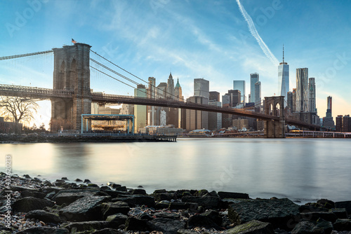 Manhattan Skyline from Brooklyn with Brooklyn Bridge and World Trade Center   