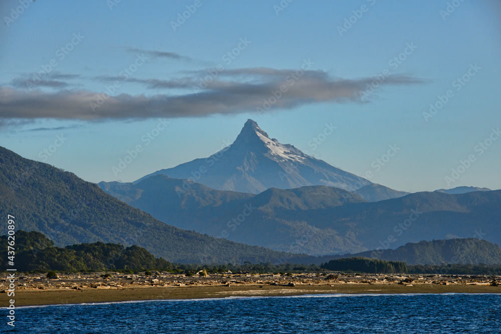 View of Corcovado Volcano across the bay from Chaiten, Patagonia, Region de los Lagos, Chile