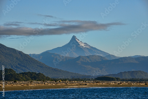 View of Corcovado Volcano across the bay from Chaiten, Patagonia, Region de los Lagos, Chile