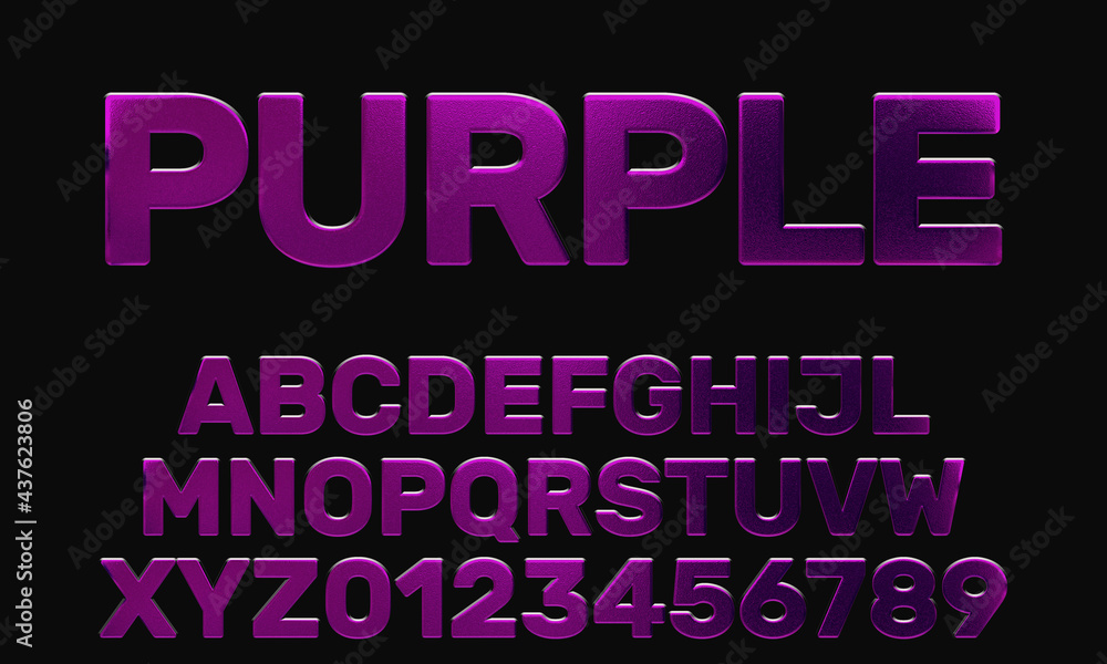 Alphabet letter set and numbers, purple metallic, bold typeface, glossy metal abc, 3D rendering, creative uppercase font design for logos, poster, banner
