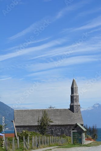 Chilota wooden church, south of Chile, on the shores of the lake near Frutillar and Puerto Varas photo