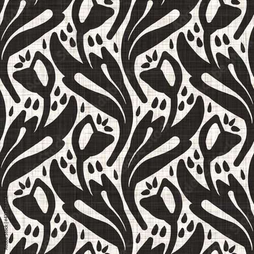 Seamless black white woven cloth floral linen texture. Two tone  monochrome pattern background.  Modern textile weave effect. Masculine flower motif repeat jpg print. 
