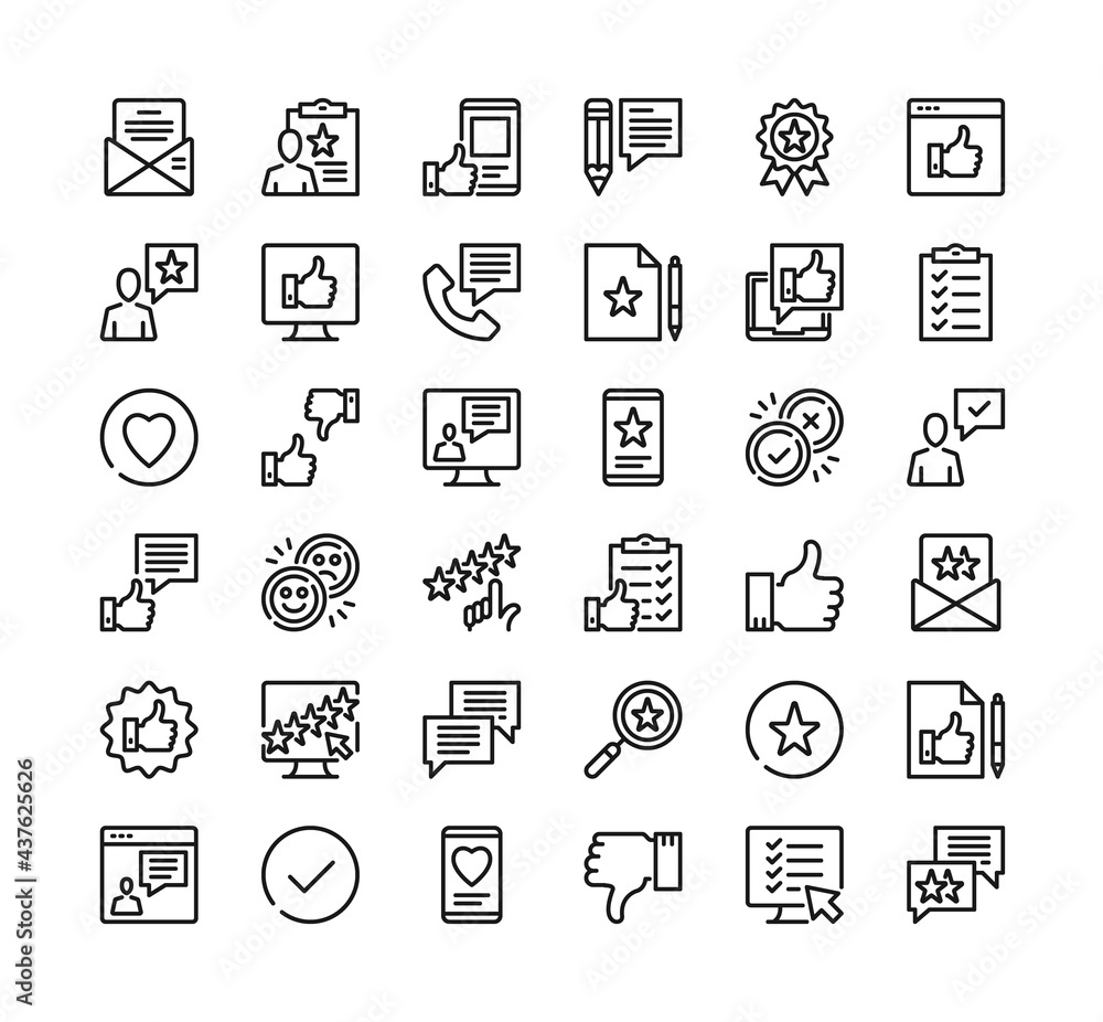 Customer feedback line icons. Vector thin line design. Customer satisfaction, user experience, online survey concepts. Premium quality. Simple outline symbols. Pixel perfect. Vector feedback icons set Customer feedback line icons. Vector thin line design. Customer satisfaction, user experience, online survey concepts. Premium quality. Simple outline symbols. Pixel perfect. Vector feedback icons set