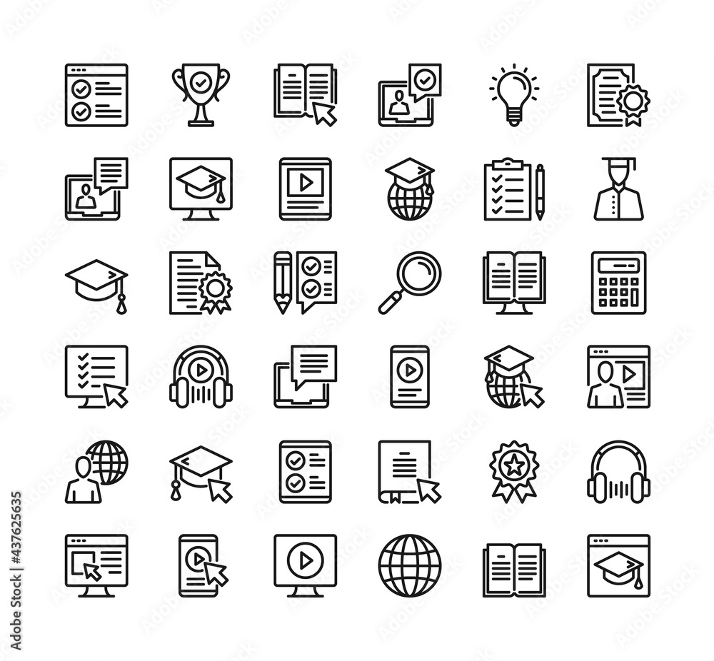 Online education line icons. Vector thin line design. Elearning, digital learning, video tutorials concepts. Premium quality. Simple outline symbols. Pixel perfect. Vector online education icons set