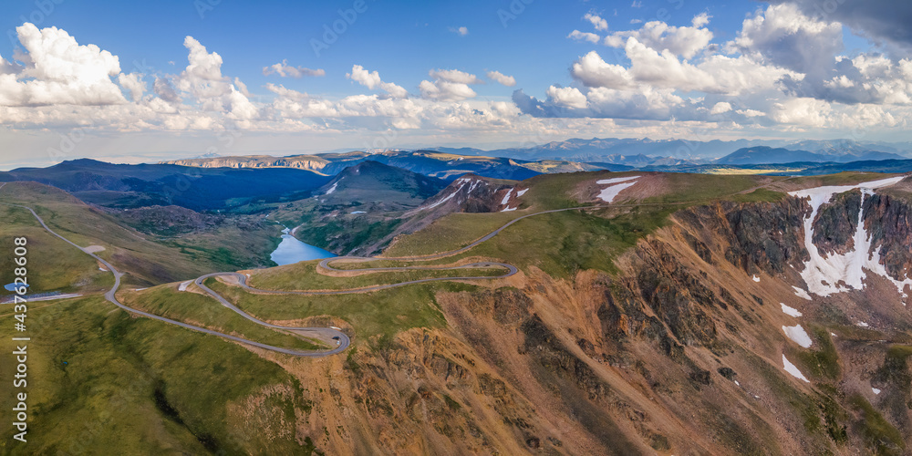 Mountain pass on the Beartooth Highway winding scenic drive - vista of the pass 