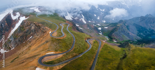 Fog on the Beartooth Highway winding scenic drive - vista of the pass  photo