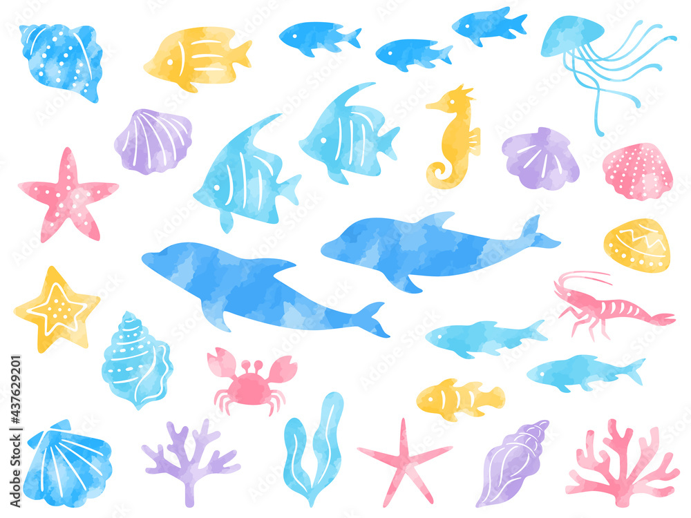 海の生き物の水彩風イラストセット Stock Vector Adobe Stock 海の生き物の水彩風イラストセット Stock Vector Adobe Stock