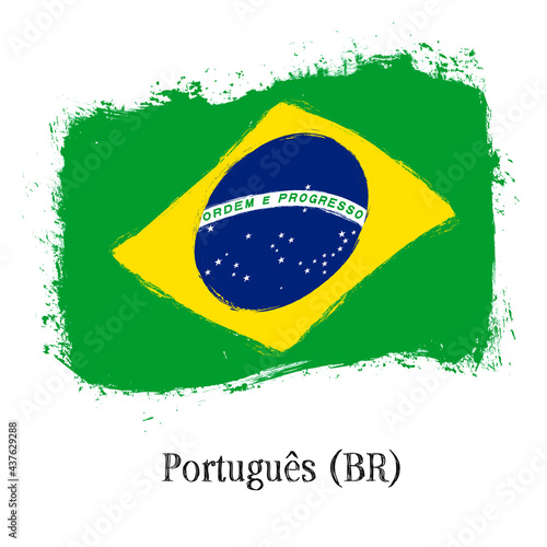 “Português do Brasil”- Portuguese in Brazil. Learn Brazilian language. Flag of Brazil, banner with grunge brush, vector illustration.