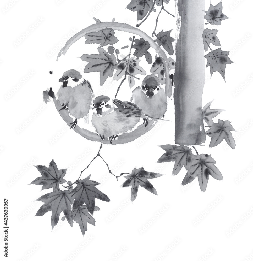 丸いオブジェにとまる雀 楓 墨絵イラスト Stock Illustration Adobe Stock