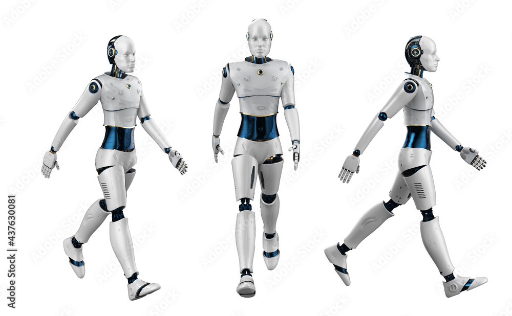 set of artificial intelligence robots or cyborgs move