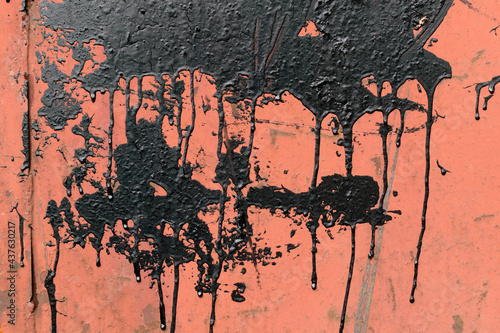 Blots of tar with smudges on the surface. Color - Copper Hue Red, black.