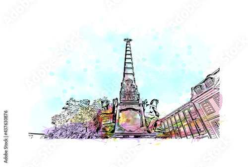 Building view with landmark of Frankfurt is the 
city in Germany. Watercolor splash with hand drawn sketch illustration in vector.