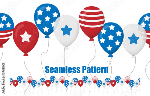 American Flag Balloon Party Horizontal Seamless With Transparent White Background