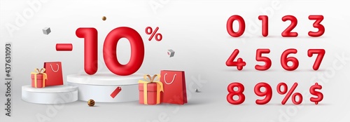 3D Red Discount numbers on podium with shopping bag and gift box vector. Price off tag design collection. 0, 1, 2, 3, 4, 5, 6, 7, 8, 9, percent and dollar illustration.