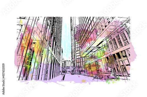 Building view with landmark of Frankfurt is the 
city in Germany. Watercolor splash with hand drawn sketch illustration in vector.