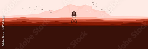 watch tower with flying bird silhouette in mountain landscape flat design for wallpaper, background, design template, banner template, and tourism design template