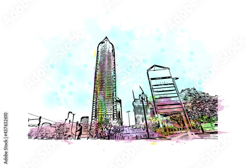 Building view with landmark of Frankfurt is the 
city in Germany. Watercolor splash with hand drawn sketch illustration in vector.