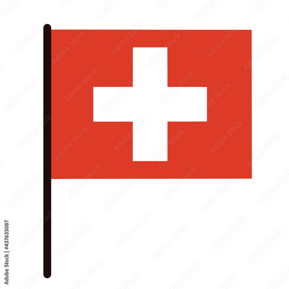 Fototapeta premium Switzerland flag is rectangular. State banner on a pole. Country symbol. White cross on red. Isolated icon on white background. National standard.