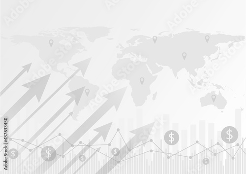 Business stick graph on world map background. Chart of global marketing investment trend vector illustration. White concept.