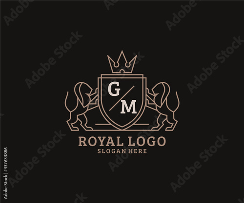 Initial GM Letter Lion Royal Luxury Logo template in vector art for Restaurant, Royalty, Boutique, Cafe, Hotel, Heraldic, Jewelry, Fashion and other vector illustration.