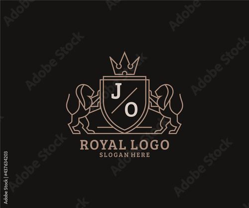 Initial JO Letter Lion Royal Luxury Logo template in vector art for Restaurant, Royalty, Boutique, Cafe, Hotel, Heraldic, Jewelry, Fashion and other vector illustration.