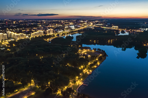 night cityscape scenic panorama. Minsk, Belarus. aerial photography with drone