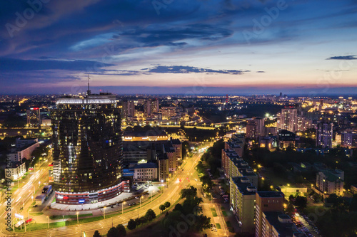 panoramic view of Minsk city on sunset. aerial cityscape view with illuminated buildings and streets.