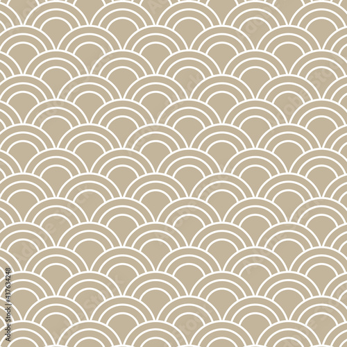 Japandi Style Neutral Beige Aesthetic, Seamless Vector Pattern Textured Wallpaper Background. Traditional Japanese Seigaiha Wave Repeat Design photo