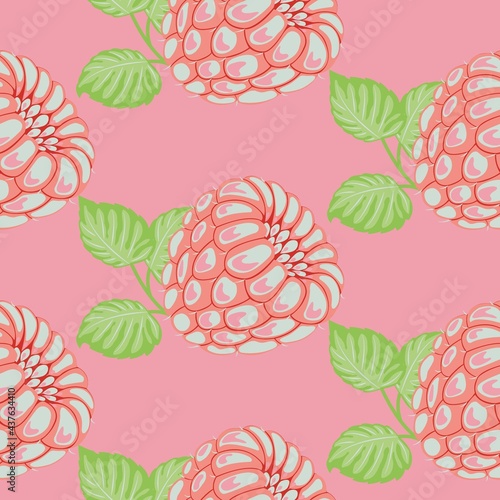 Seamless vector pattern of drawn pink raspberries with green leaves. Colorful raspberry in vintage style on pink background. Healthy organic vegan food.Flat design.