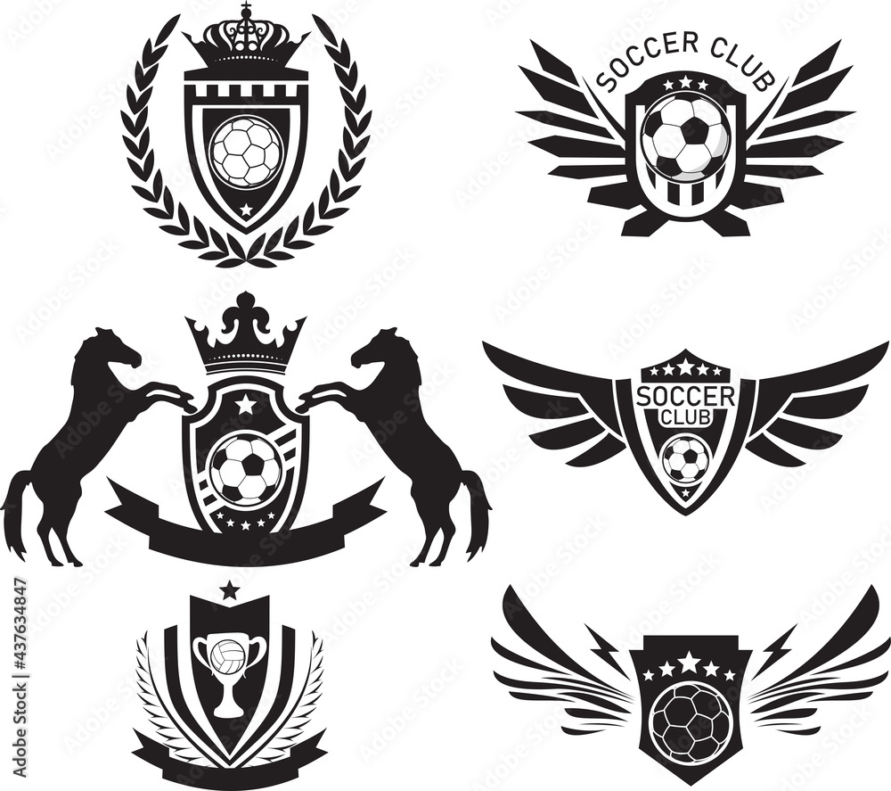 Soccer and football balls team or club flat labels and emblems Soccer and football balls team or club flat labels and emblems