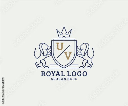 Initial UV Letter Lion Royal Luxury Logo template in vector art for Restaurant, Royalty, Boutique, Cafe, Hotel, Heraldic, Jewelry, Fashion and other vector illustration.
