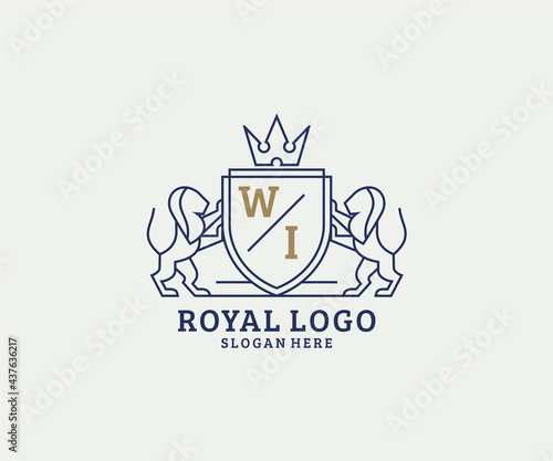 Initial WI Letter Lion Royal Luxury Logo template in vector art for Restaurant, Royalty, Boutique, Cafe, Hotel, Heraldic, Jewelry, Fashion and other vector illustration.