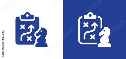Chess knight horse piece with planning clipboard icon. Strategy symbol vector illustration