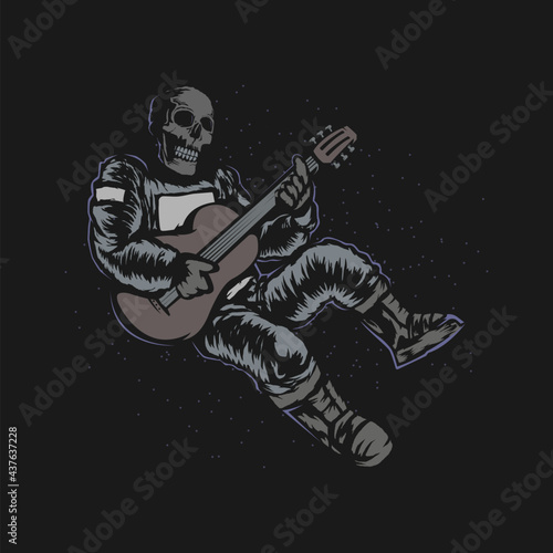 The astronaut skull floating in space playing acoustic guitar