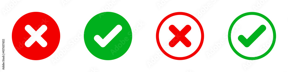 Conjunto de iconos de incorrecto y correcto, dentro de un círculo con y sin relleno. Elementos gráficos, x roja y visto verde. Ilustración vectorial, diferentes diseños Conjunto de iconos de incorrecto y correcto, dentro de un círculo con y sin relleno. Elementos gráficos, x roja y visto verde. Ilustración vectorial, diferentes diseños