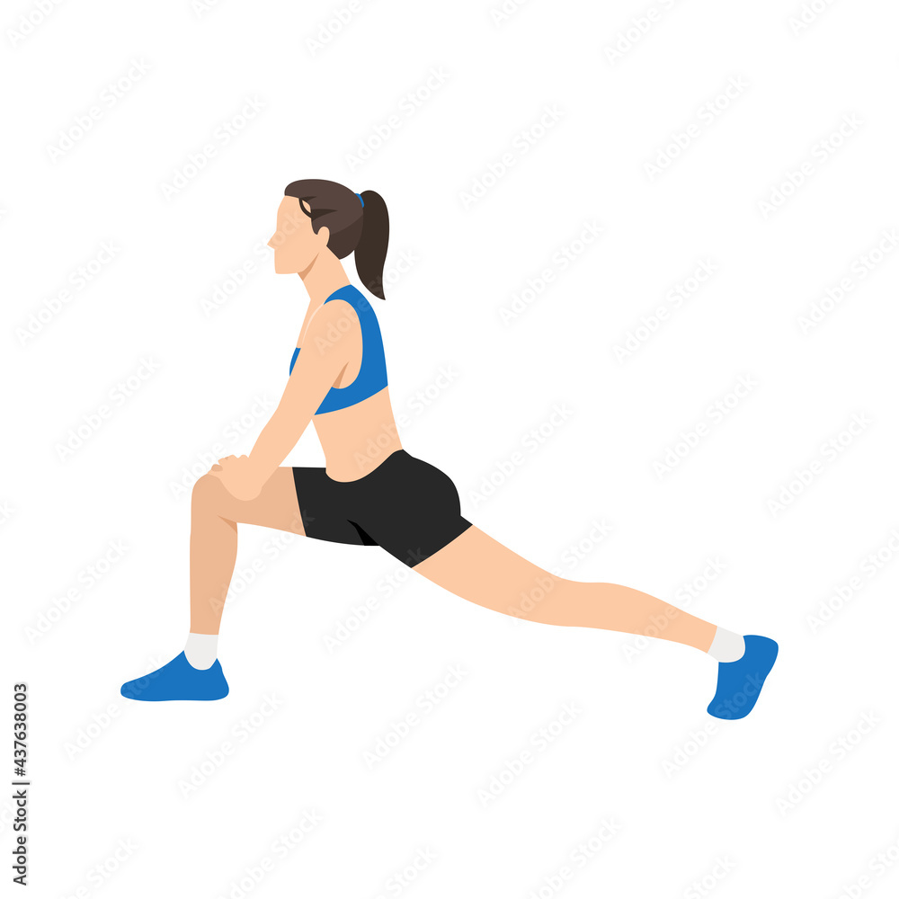 Woman doing Runner lunge stretch exercise. Flat vector illustration isolated on white background Woman doing Runner lunge stretch exercise. Flat vector illustration isolated on white background