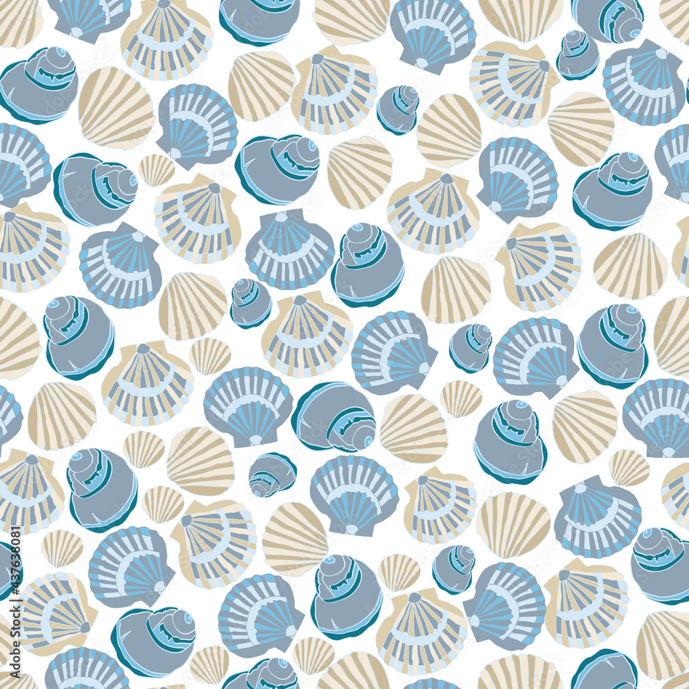 Nautical beach seamless pattern theme with multi seashells on white background. Nautical beach seamless pattern theme with multi seashells on white background.
