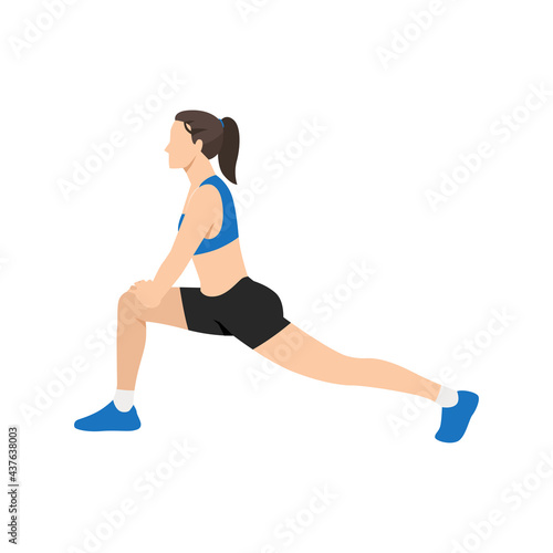 Woman doing Runner lunge stretch exercise. Flat vector illustration isolated on white background