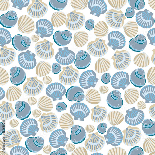 Nautical beach seamless pattern theme with multi seashells on white background.