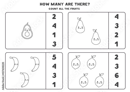 Counting game with cute kawaii fruits. Math worksheet.