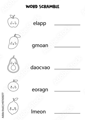 Puzzle for kids. Word scramble for children. Black and white fruits.